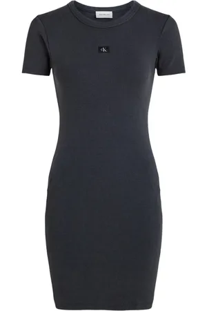 Calvin Klein Kjole, Dame, Sort, L, Ribbet Bodycon Kjole med Indskårne Revers