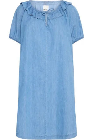 Ichi Kjole, Dame, Blå, 2XL, Bomuld, Lyseblå Chambray Kjole med Flæse