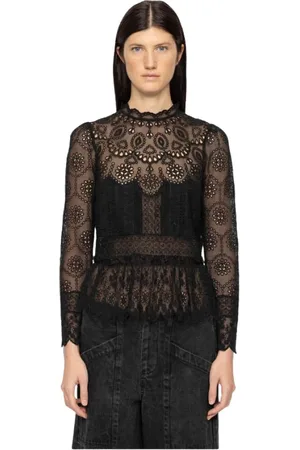 SEA Top, Dame, Sort, M, Bomuld, Broderet Langærmet Peplum Top