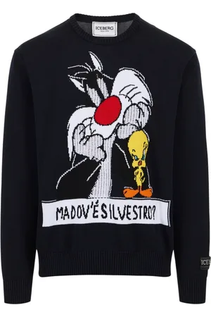 Iceberg Strik, Herre, Blå, M, Bomuld, Bomuld rund hals sweater med tegneserie og jacquard indlæg