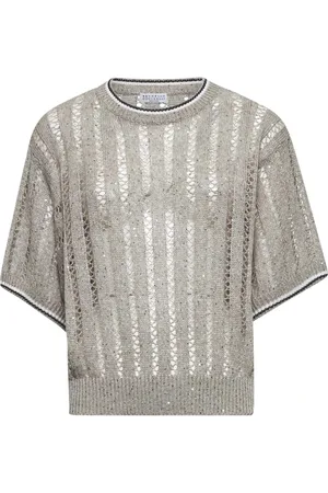 Brunello Cucinelli Strik, Dame, Grå, L, Linned, Stribet linned sweater med pailletter
