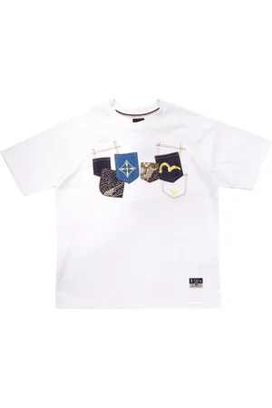 Evisu Top, Herre, Hvid, XL, Uld, Multi-Pocket Bianca T-shirt med Brocade Patch