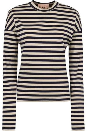Plan C Top, Dame, Blå, M, Bomuld, Stribet Langærmet Bomuld T-shirt
