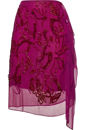 DRIES VAN NOTEN Nederdel, Dame, Lyserød, M, Fuchsia Paillet Broderet Asymmetrisk Hem Kjole