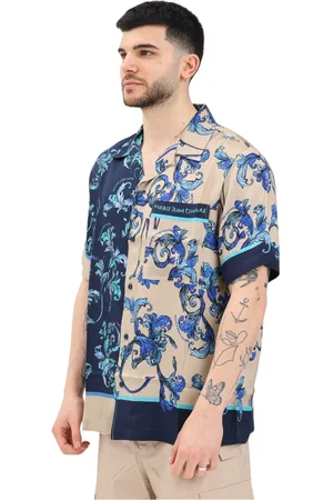 VERSACE Skjorte, Herre, Flerfarvet, L, Kortærmet tofarvet skjorte med Barocco-print