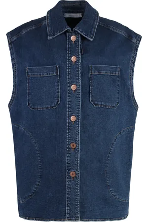 See by Chloé Jakke, Dame, Blå, S, Læder, Denim Vest med Læderdetaljer og Lommer