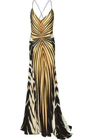 Roberto Cavalli Kjole, Dame, Gul, S, Uld, Ray Of Gold Print Lang Kjole med Dyb V-udskæring