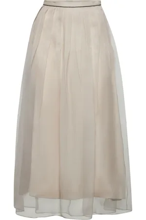 Brunello Cucinelli Nederdel, Dame, , M, Hvid Silk Midi Nederdel med Monili Broderi