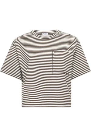 Brunello Cucinelli Top, Dame, Flerfarvet, L, Bomuld, Stribet bomulds T-shirt med lomme
