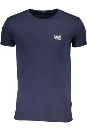 Roberto Cavalli Top, Herre, Blå, XL, Bomuld, Blå Crew Neck T-shirt med Print