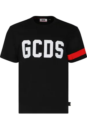 GCDS Top, Herre, Sort, S, Bomuld, Sort T-shirt med Logo Print og Rød Stribet Kant