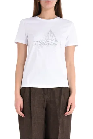 Max Mara Top, Dame, Hvid, XS, Bomuld, Broderet Bomuld T-shirt Sømodel