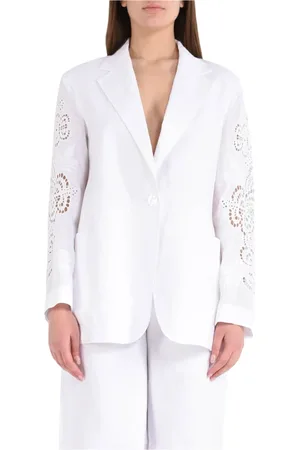 Max Mara Jakke, Dame, Hvid, S, Linned, Linnedjakke med blomsterbroderi