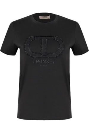 Twin-Set Top, Dame, Sort, XL, Bomuld, Sort bomulds T-shirt med perlebroderi Oval T