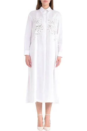 Max Mara Kjole, Dame, Hvid, M, Gennemsigtig Broderet Ramie Skjortekjole