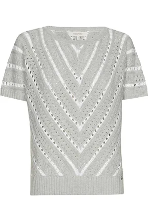 Marie Méro Strik, Dame, Grå, XL, Bomuld, Strikket Herringbone Sweater i Hvid/Grå