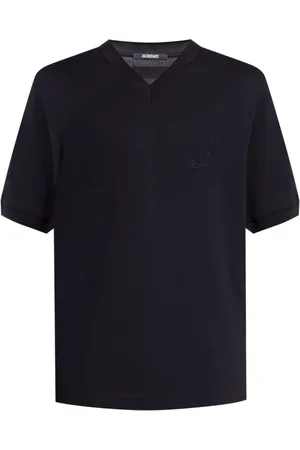 Jacquemus Top, Herre, Blå, XS, Bomuld, Blå T-shirt med broderet logo og V-udskæring
