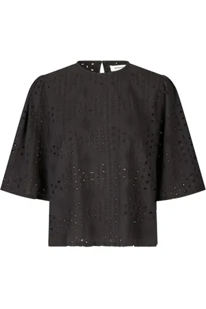 Modstrom Bluser & Skjorter, Dame, Sort, M, Uld, Sort Broderie Anglaise Top med Cut-Outs