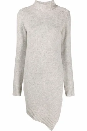 Jil Sander Kjole, Dame, Grå, S, Uld, Strikkjole med asymmetrisk rullekrave