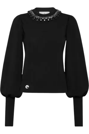 Philipp Plein Strik, Dame, Sort, S, Uld, Sort udsmykket sweater med puffy ærmer