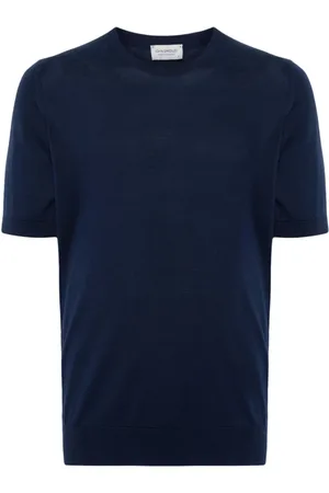 JOHN SMEDLEY Top, Herre, Blå, XL, Bomuld, Blå Strik Crew Neck T-shirt