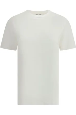 Jil Sander Top, Dame, Hvid, M, Bomuld, Bomulds T-shirt med Læder Logo Patch