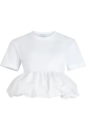 Patou Top, Dame, Hvid, M, Uld, Hvid Ruffle Hem Crew Neck Skjorte