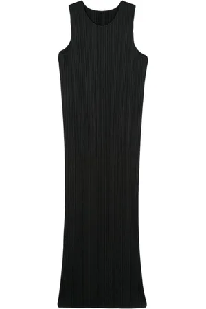 Issey Miyake Kjole, Dame, Sort, L, Polyester, Plisseret Ærmeløs Midi Kjole