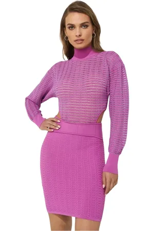 Hervé Léger Kjole, Dame, Lyserød, S, Stribet Mini Kjole med Turtleneck