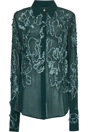 DRIES VAN NOTEN Bluser & Skjorter, Dame, Grøn, L, Grøn Blomstret Paillet Broderet Skjorte