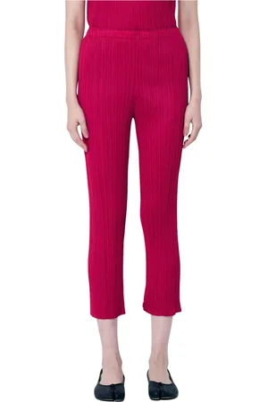 Issey Miyake Bukser, Dame, Rød, XL, Polyester, Elastiske Plisserede Bukser med Tilspidset Ben