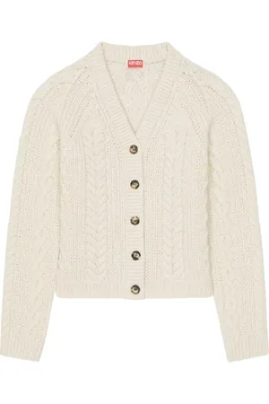 Kenzo Strik, Dame, Hvid, XS, Uld, Uld Cardigan med Logo Mønster
