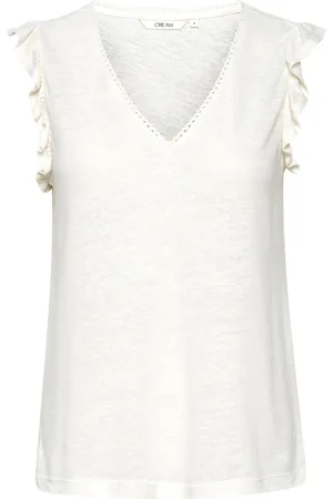 Cream Top, Dame, Hvid, M, Hvid Jersey T-Shirt med Ruffle Detaljer
