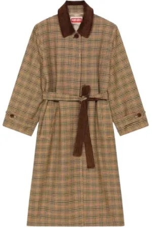 Kenzo Frakke, Dame, Brun, S, Uld, Prince of Wales Uld Trenchcoat