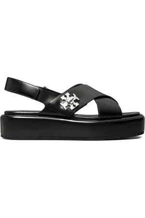 Tory Burch Sko, Dame, Sort, 39 EU, Sorte sandaler med signatur monogram plade