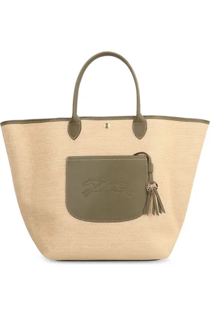 Longchamp Taske, Dame, , ONE SIZE, Læder, Raffia Tote Taske med Læderdetaljer