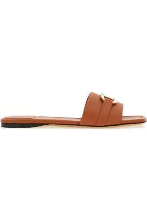 Salvatore Ferragamo Sko, Dame, Brun, 40 EU, Læder, Brun Læder Flade Sandaler med Gancini Plade