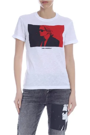 Karl Lagerfeld Top, Dame, Hvid, L, Bomuld, Flamed Cotton Colorblock Tee