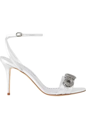 Manolo Blahnik Sko, Dame, Grå, 38 1/2 EU, Læder, Sølv Krystal Almond Toe Stiletto Sandaler