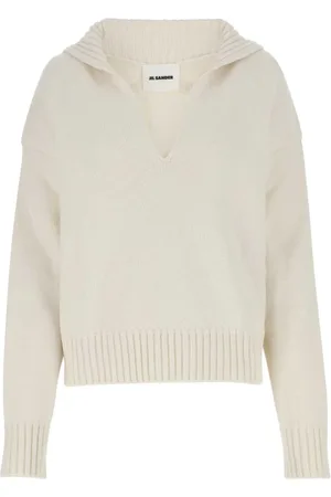 Jil Sander Strik, Dame, Hvid, 2XS, Bomuld, V-hals strikket sweater