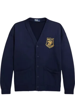 Ralph Lauren Strik, Herre, Blå, S, Marineblå cardigan med trykt våbenskjold