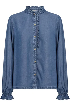Cream Bluser & Skjorter, Dame, Blå, 2XL, Denim, Blå Denim Skjorte med Ruffle Detaljer