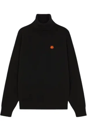 Kenzo Strik, Herre, Sort, S, Uld, Sort højhalset turtleneck med Boke Flower emblem