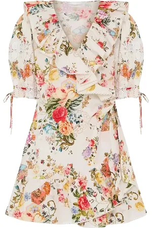 Camilla Kjole, Dame, Flerfarvet, XS, Bomuld, Blomstret Mini Kjole med Flæser