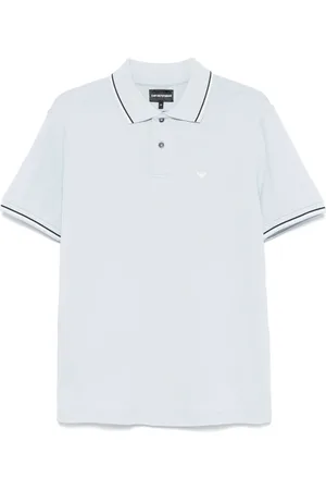 Emporio Armani Top, Herre, Blå, XL, Bomuld, Broderet Bomuld Polo Skjorte med Knapper