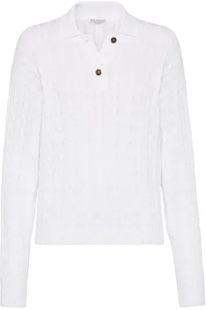Brunello Cucinelli Strik, Dame, Hvid, M, Bomuld, Dazzling Cables Strik Polo Shirt