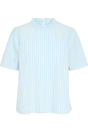 Cream Bluser & Skjorter, Dame, Blå, XL, Bomuld, Blå Stribet Bluse med Rynke Detalje