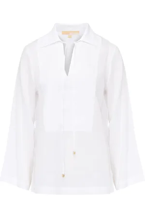 Michael Kors Bluser & Skjorter, Dame, Hvid, S, Linned, Hvid Linned V-Hals Top