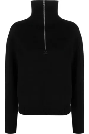 Courrèges Strik, Dame, Sort, M, Uld, Sort uld lynlås sweater