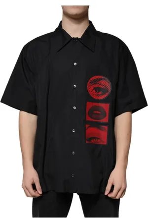 Dolce & Gabbana Skjorte, Herre, Sort, 4XL, Bomuld, Sort Øje Læbe Bomuld Knappet Skjorte